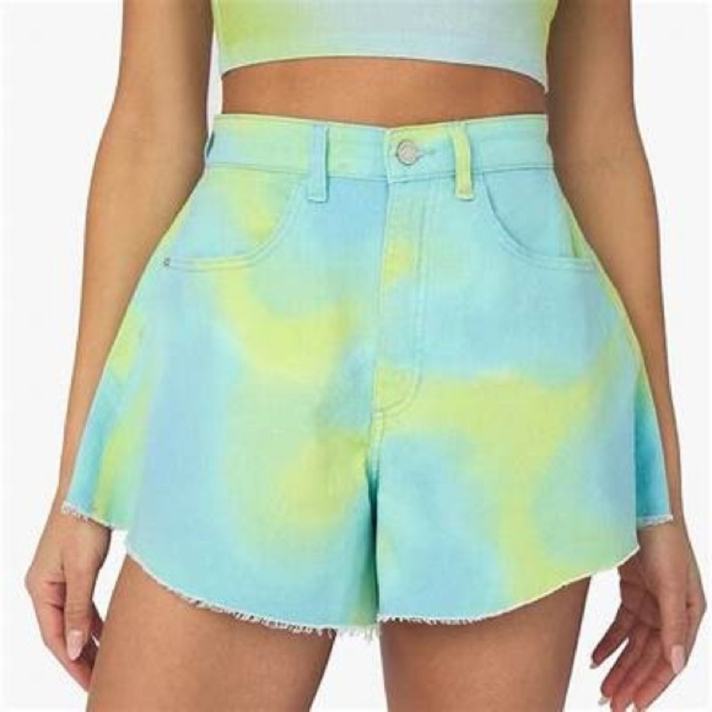 Revolve Weworewhat Flare Bell Short Denim Tie Dye NWT